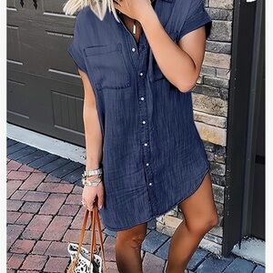 Casual Navy Blue Mini Shirt Dress